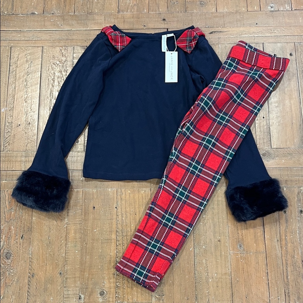 Janie and Jack Navy Top with Red Plaid Leggings Kids Matching Set